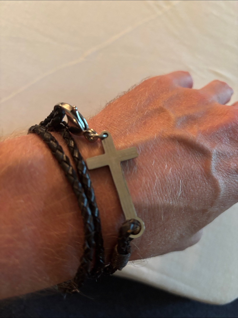 lord’s prayer, engraved Braided Leather Cross Wrap Bracelet - Brown